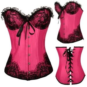 Coquette‎ Pink Black Lace Corset Bustier Garter Straps Lace Up Back Sexy Medium